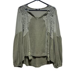 Miss Me Small Olive Green Sage Crochet Lace Boho Peasant Top Bell Sleeve